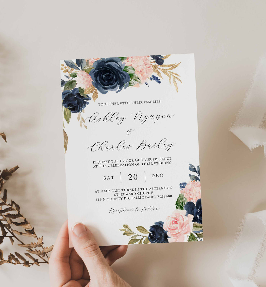 Navy Blush Wedding Invitation Printable