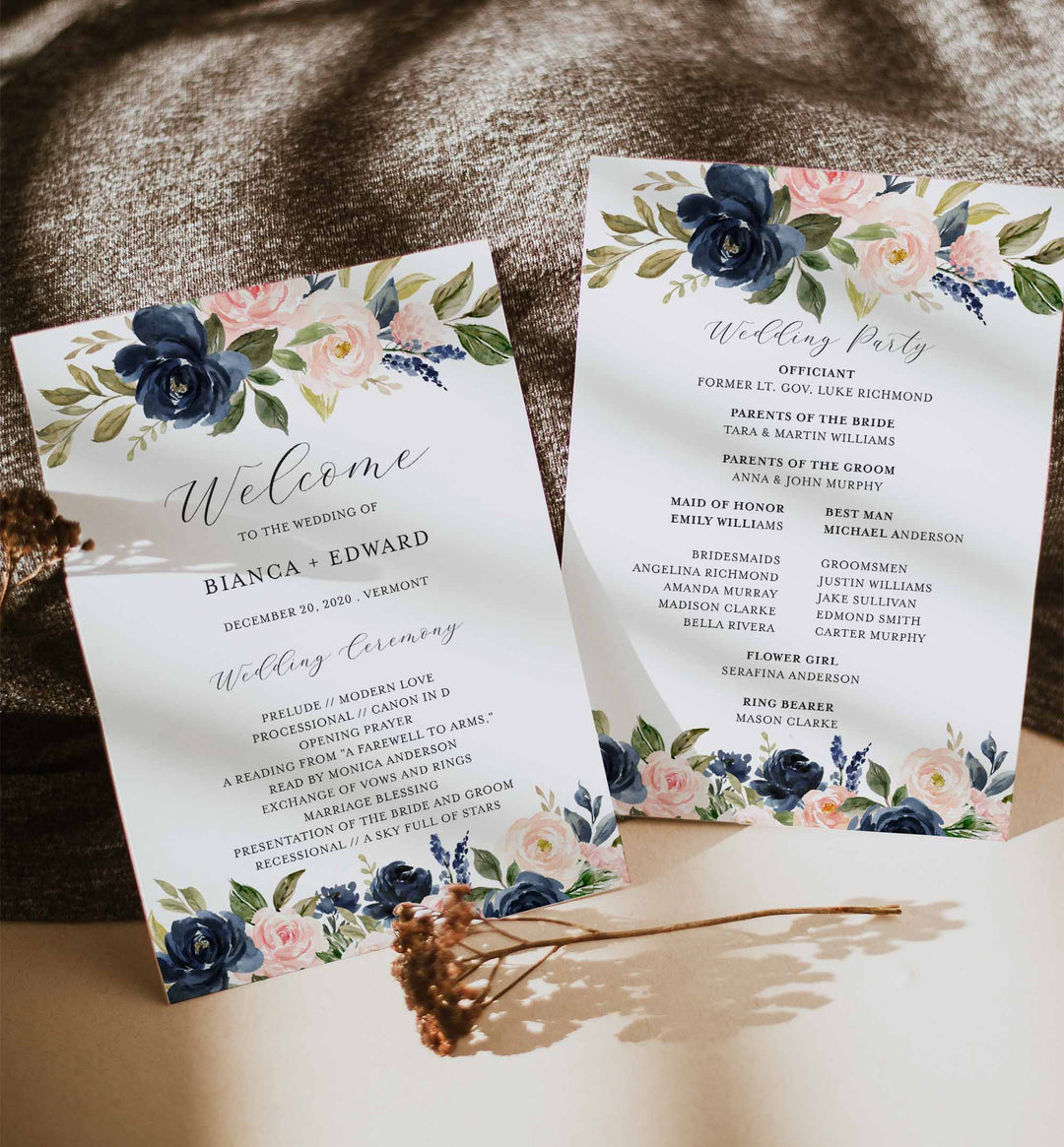 Navy Blush Fan Wedding Program Printable