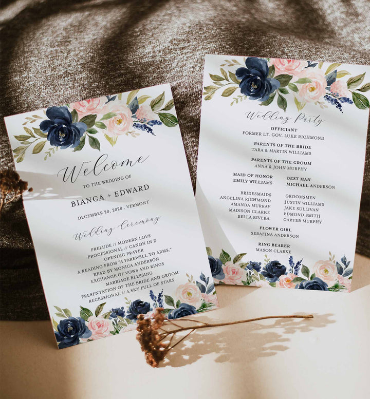 Navy Blush Fan Wedding Program Printable