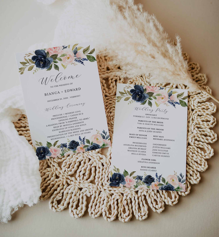 Navy Blush Fan Wedding Program Printable