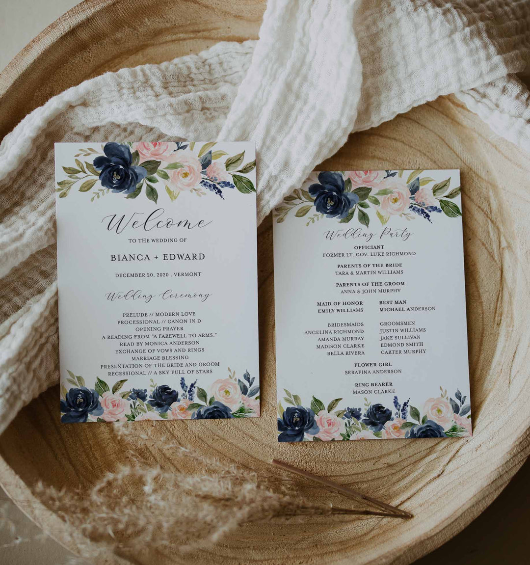 Navy Blush Fan Wedding Program Printable
