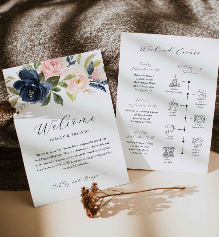 Navy Blush Wedding Welcome Bag Letter and Timeline or Itineraries Printable