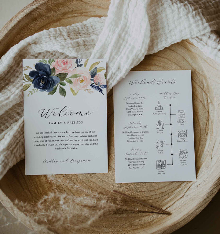 Navy Blush Wedding Welcome Bag Letter and Timeline or Itineraries Printable