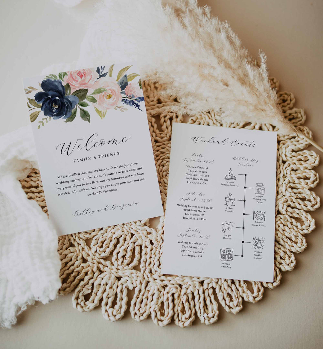 Navy Blush Wedding Welcome Bag Letter and Timeline or Itineraries Printable