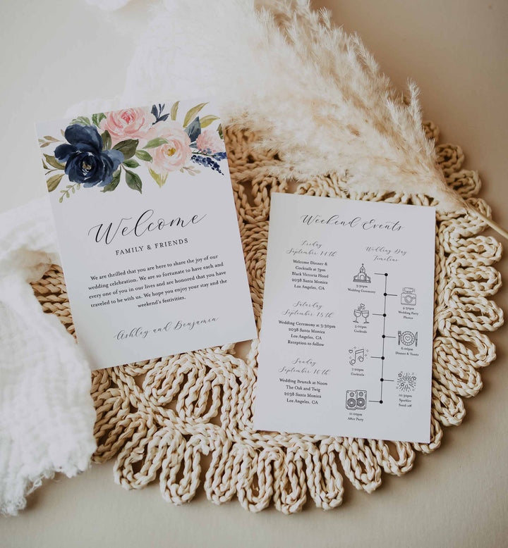 Navy Blush Wedding Welcome Bag Letter and Timeline or Itineraries Printable