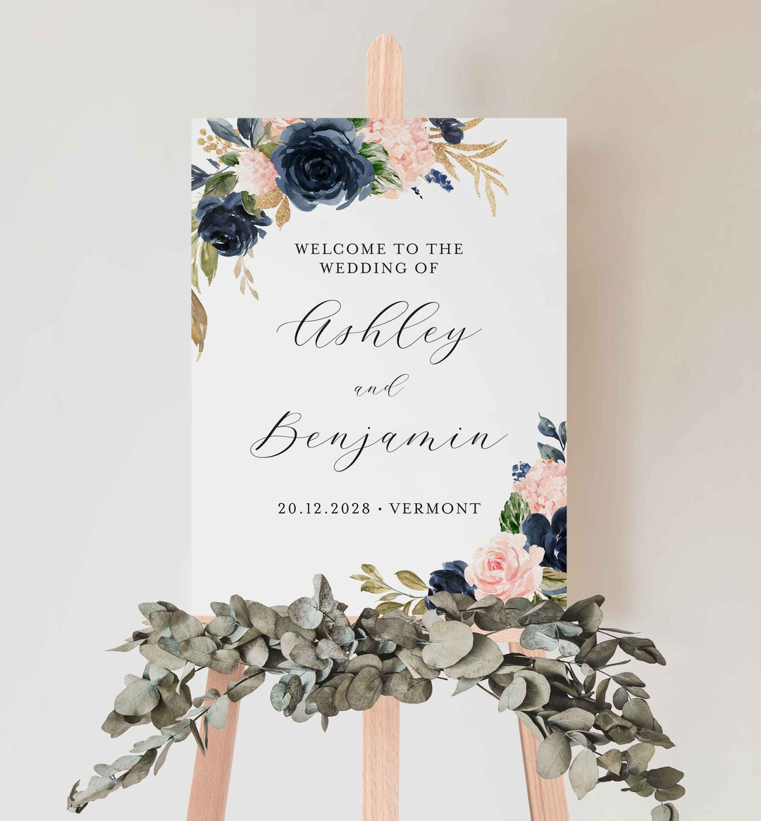 Navy Blush Wedding Welcome Sign Printable