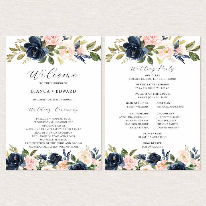 Navy Blush Fan Wedding Program Printable