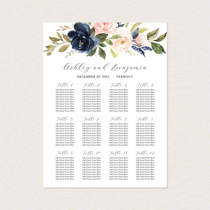 Navy Blush Wedding Seating Chart Sign Printable