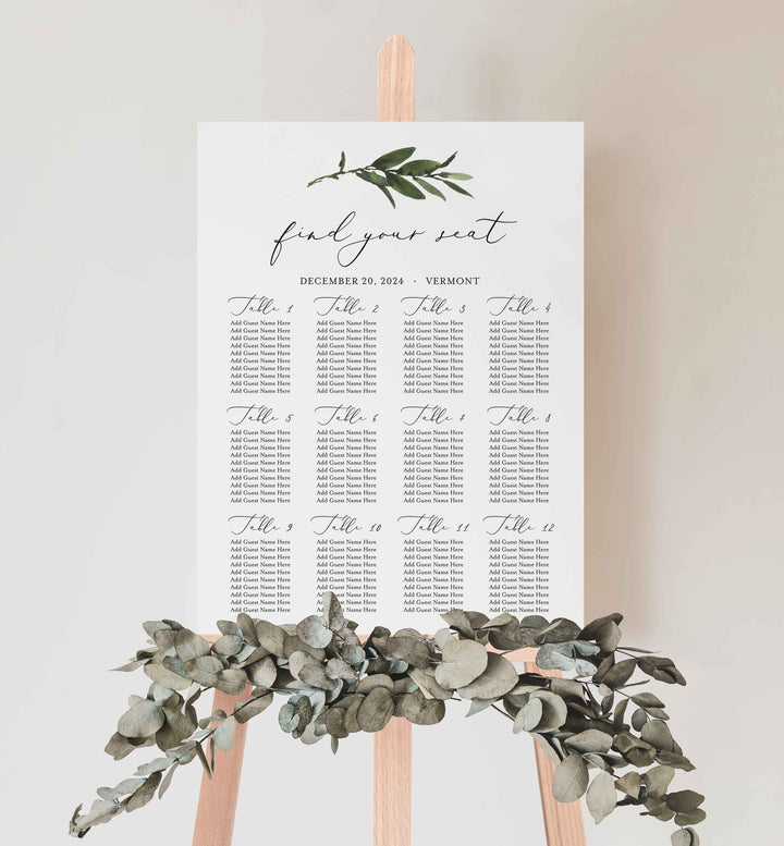 Foliage Wedding Seating Chart Sign Printable