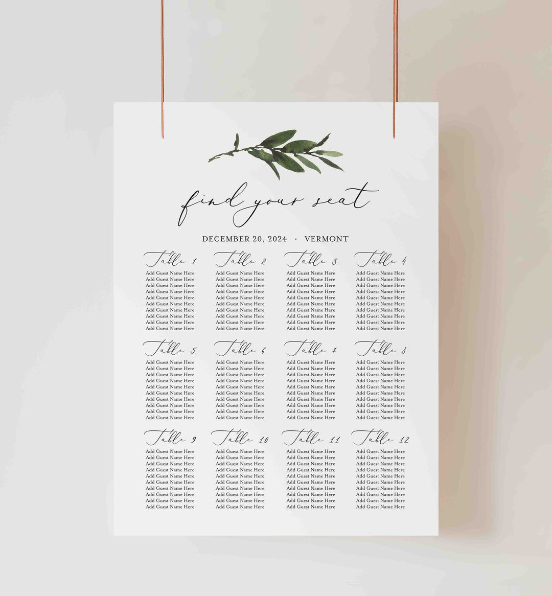 Foliage Wedding Seating Chart Sign Printable