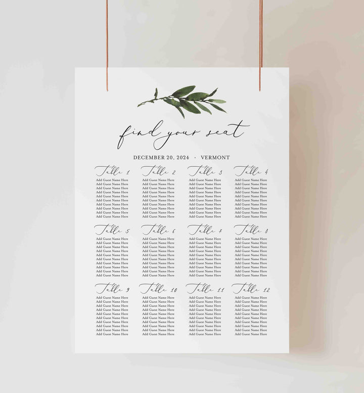 Foliage Wedding Seating Chart Sign Printable