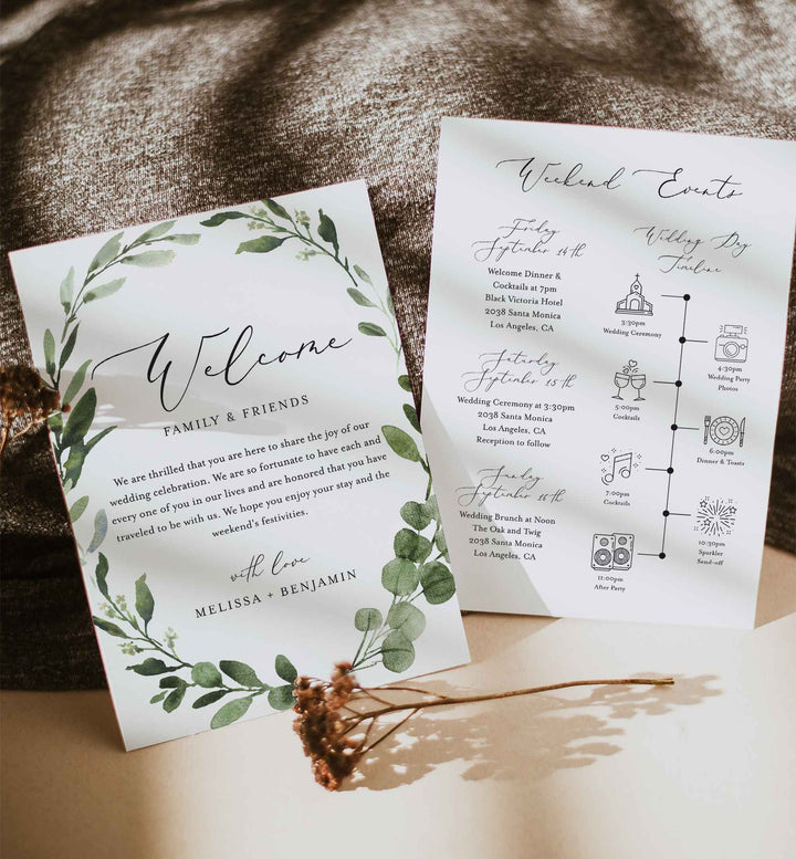 Foliage Wedding Welcome Bag Letter and Timeline or Itineraries Printable