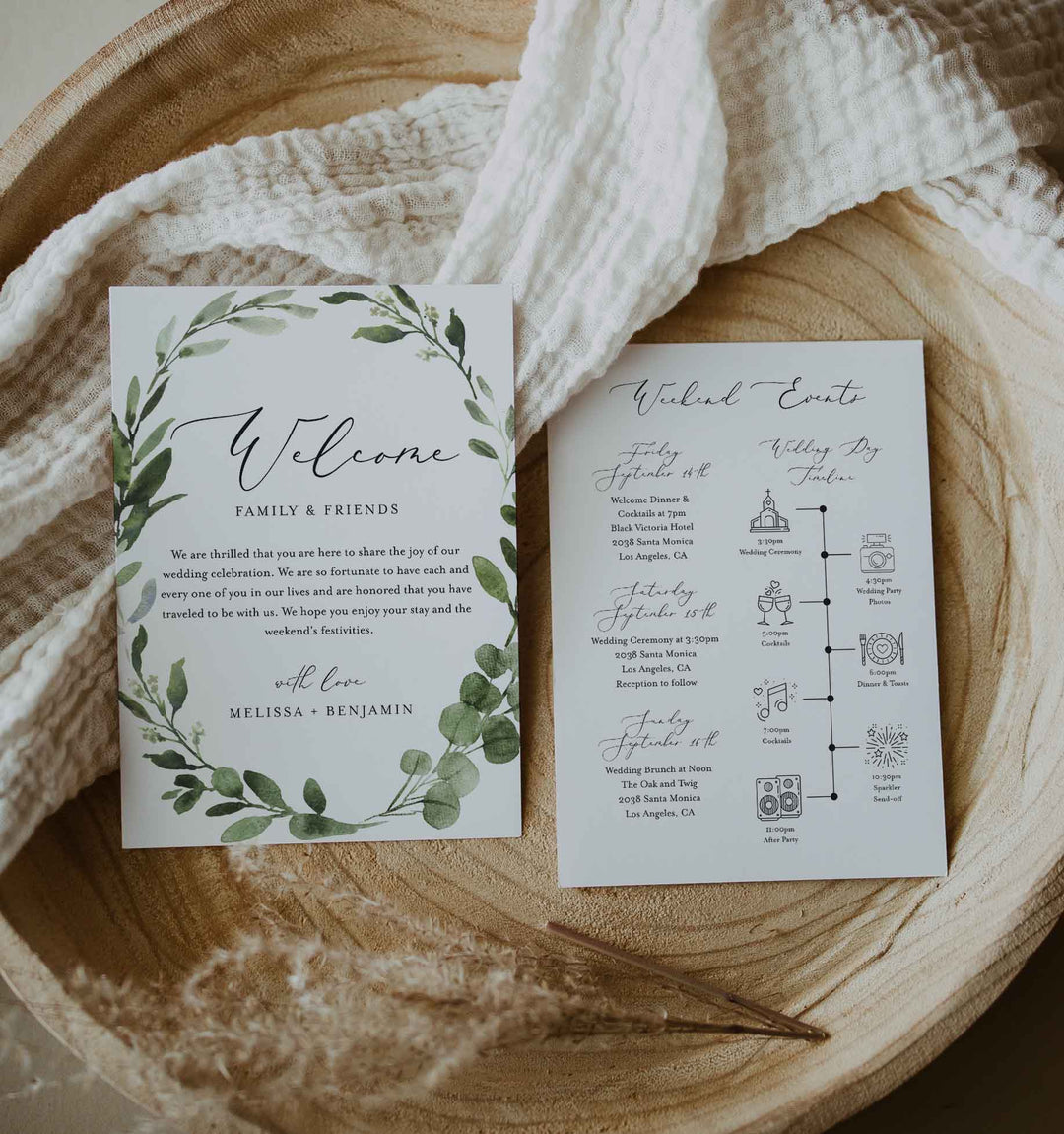 Foliage Wedding Welcome Bag Letter and Timeline or Itineraries Printable