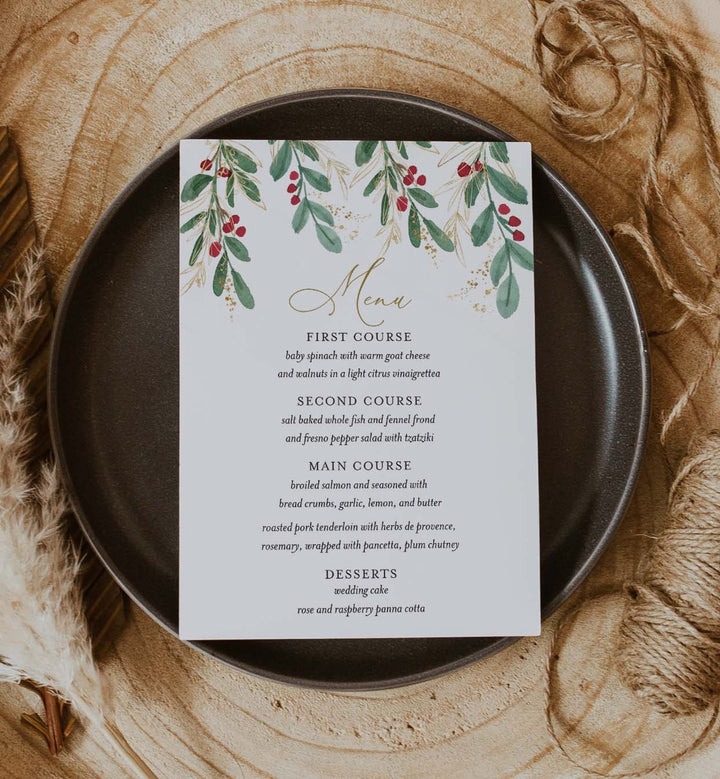 Winter Berry Wedding Menu Card Printable