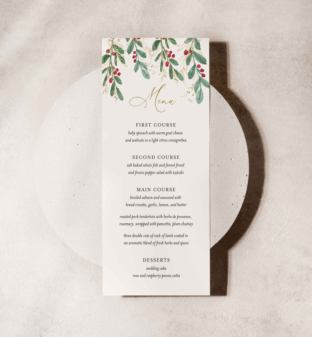 Winter Berry Wedding Menu Card Printable
