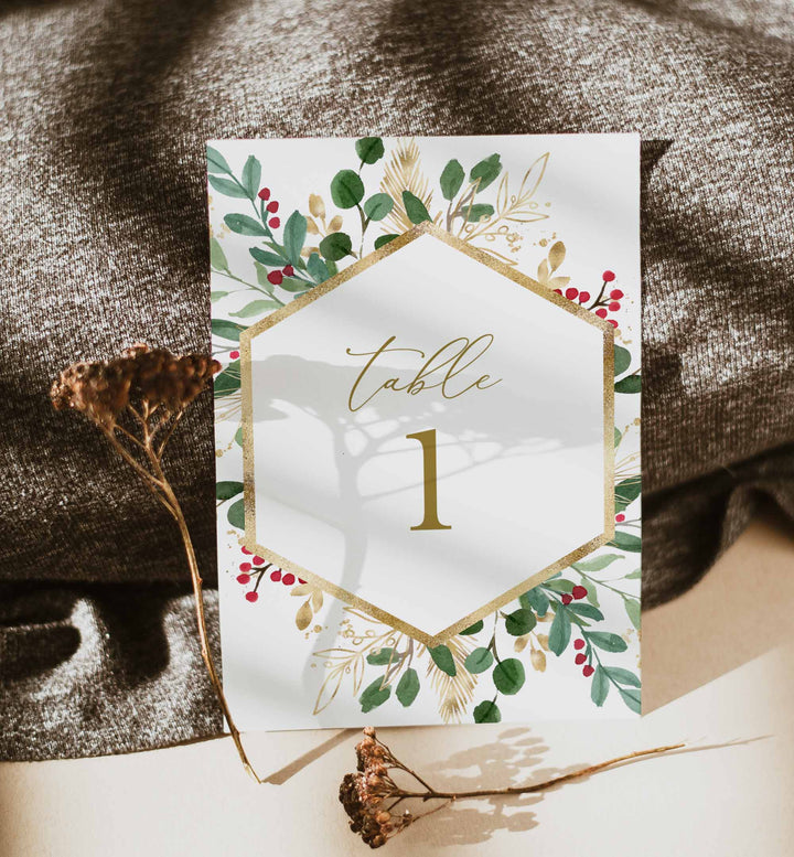 Winter Berry Wedding Table Number Printable