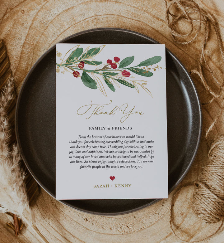 Winter Berry Wedding Thank You Note Printable