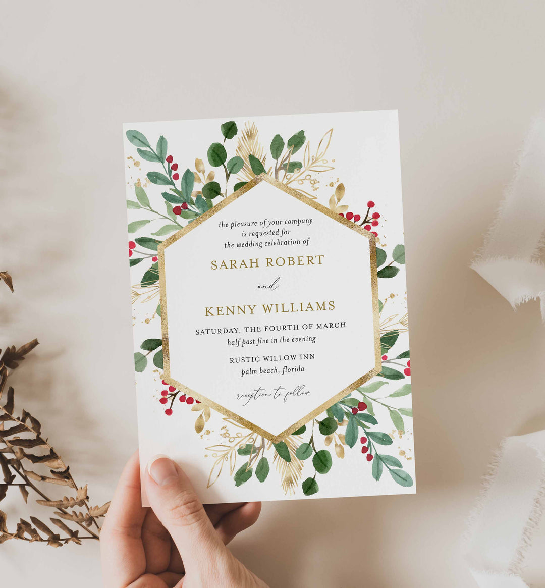 Winter Berry Wedding Invitation Printable