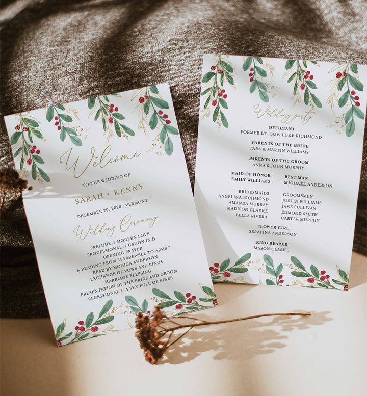 Winter Berry Fan Wedding Program Printable