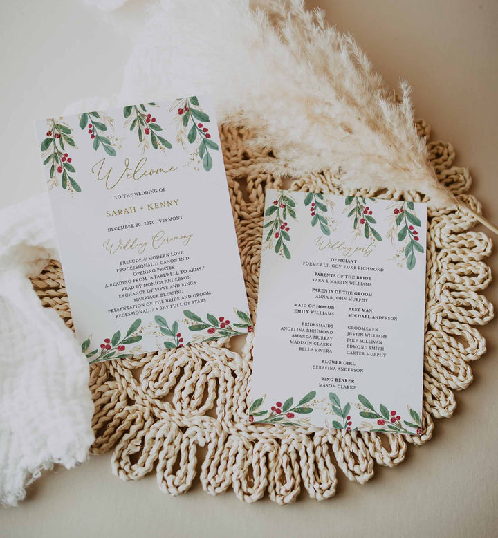 Winter Berry Fan Wedding Program Printable
