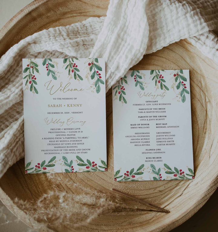 Winter Berry Fan Wedding Program Printable