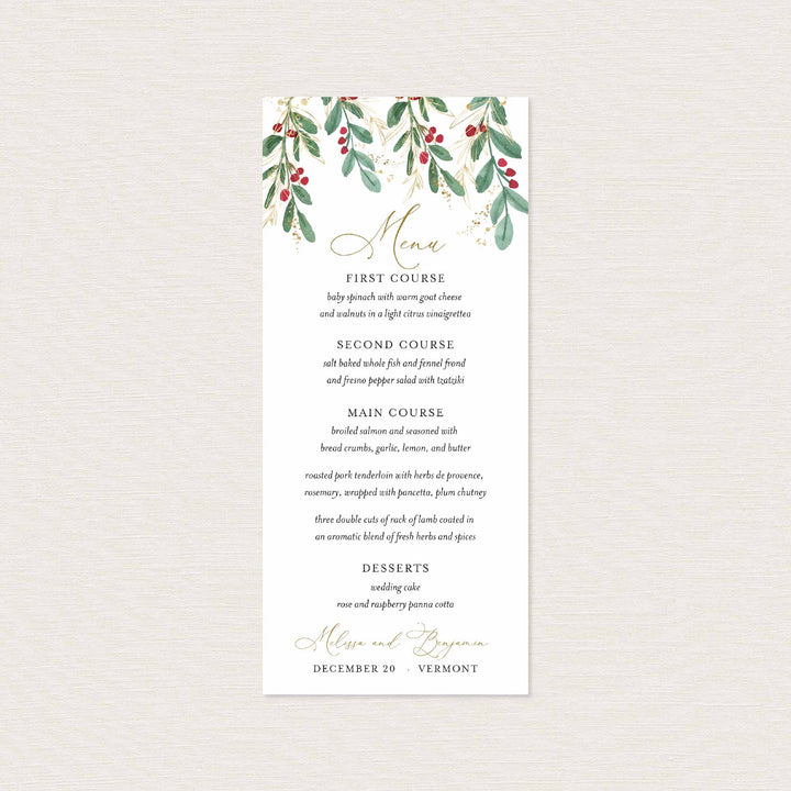 Winter Berry Wedding Menu Card Printable