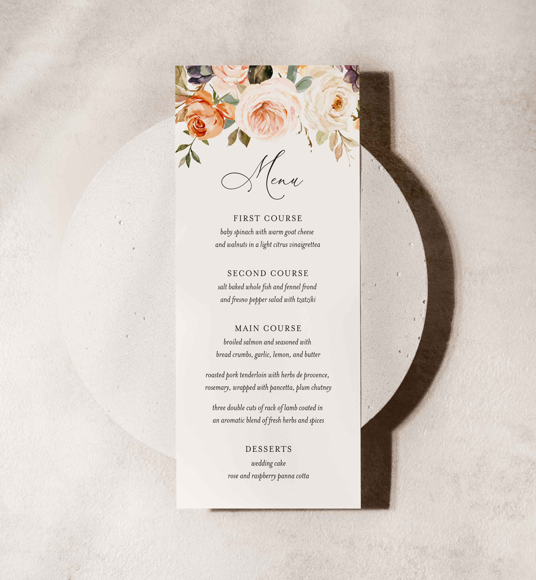Autumn Garden Wedding Menu Card Printable
