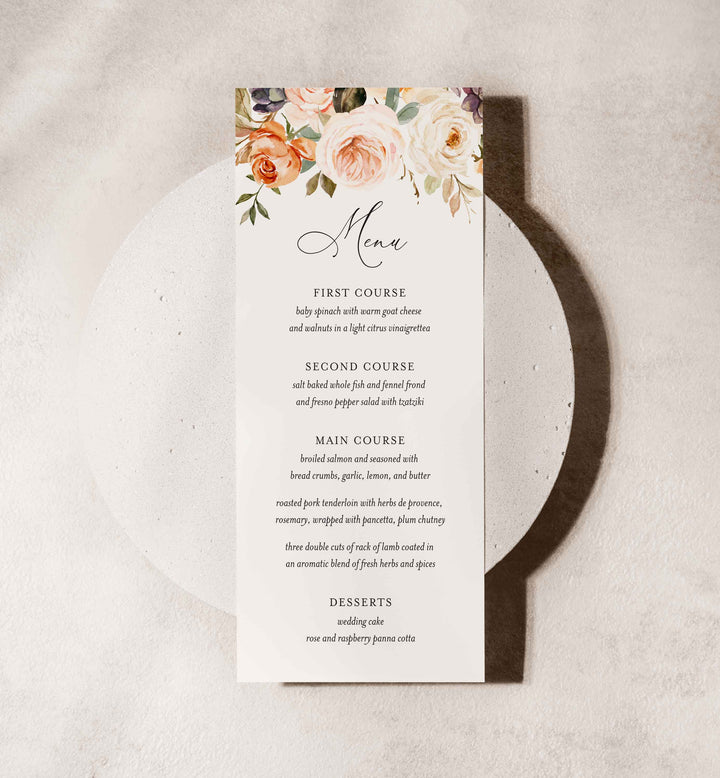 Autumn Garden Wedding Menu Card Printable