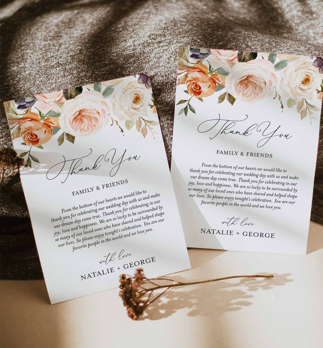 Autumn Garden Wedding Thank You Note Printable