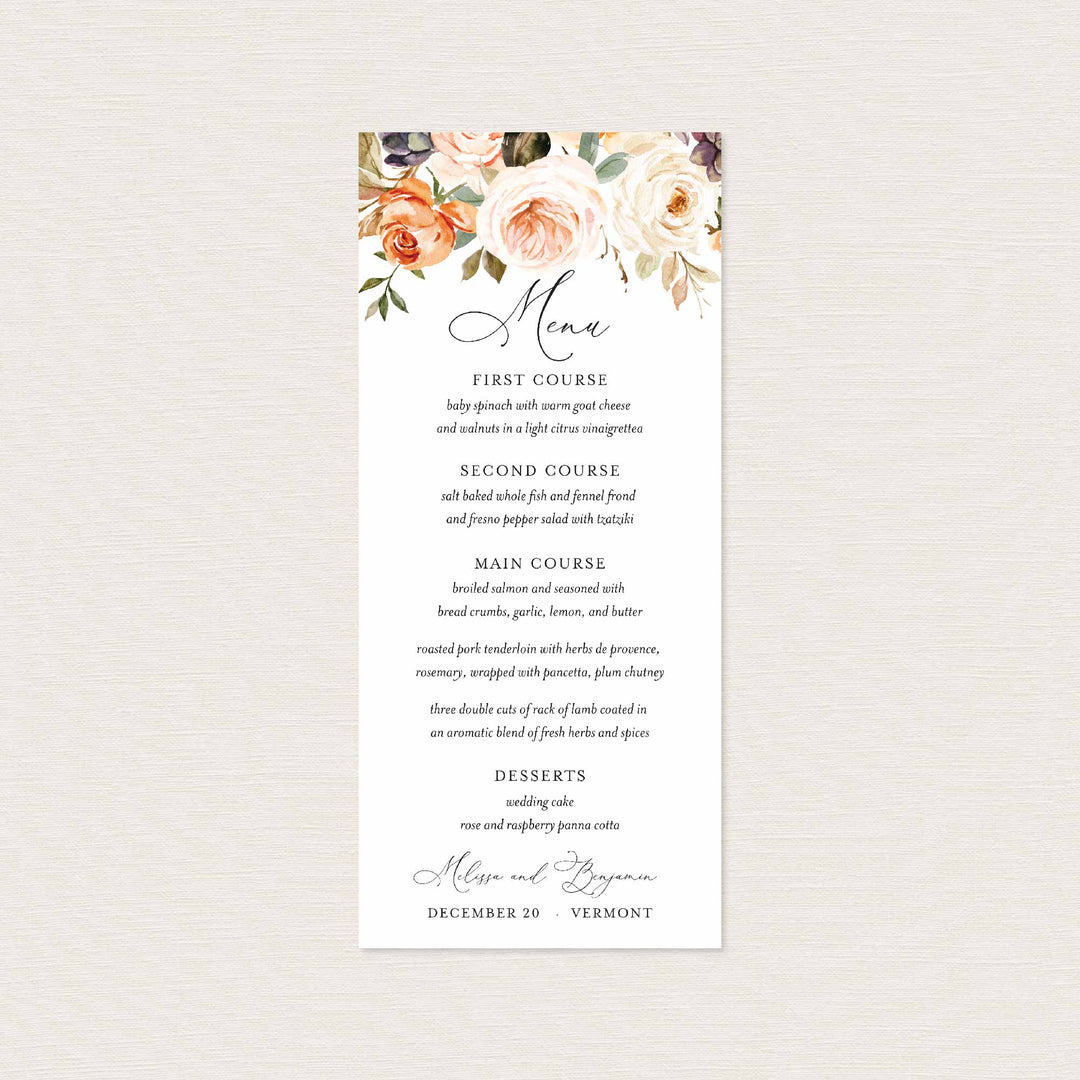 Autumn Garden Wedding Menu Card Printable