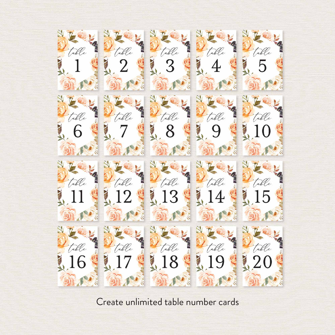 Autumn Garden Wedding Table Number Printable