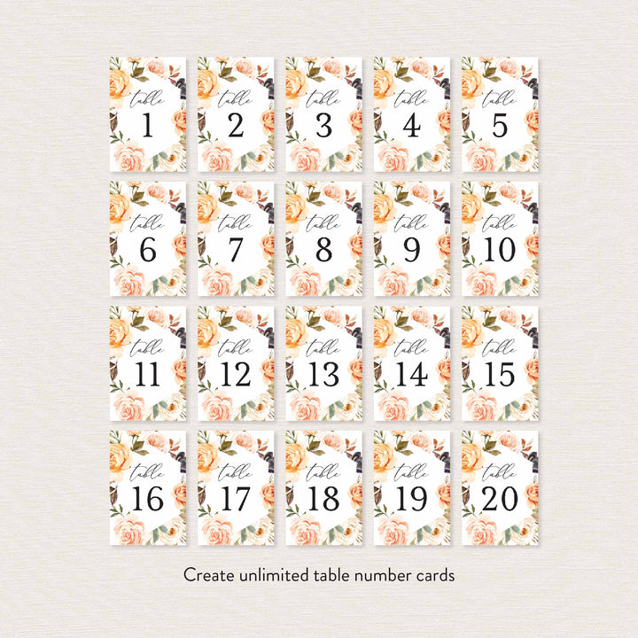 Autumn Garden Wedding Table Number Printable