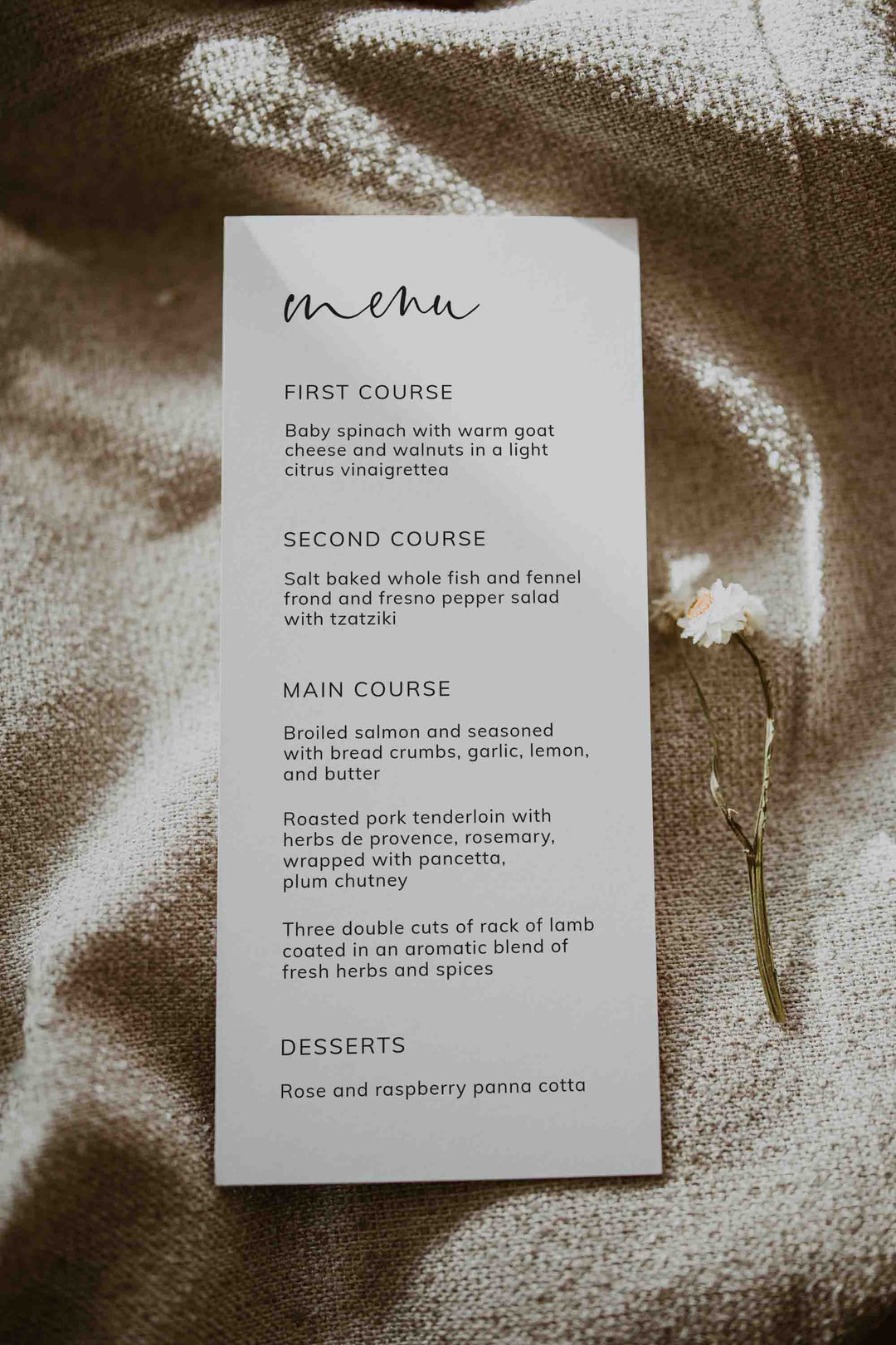 Modern Minimal Wedding Menu Card Printable
