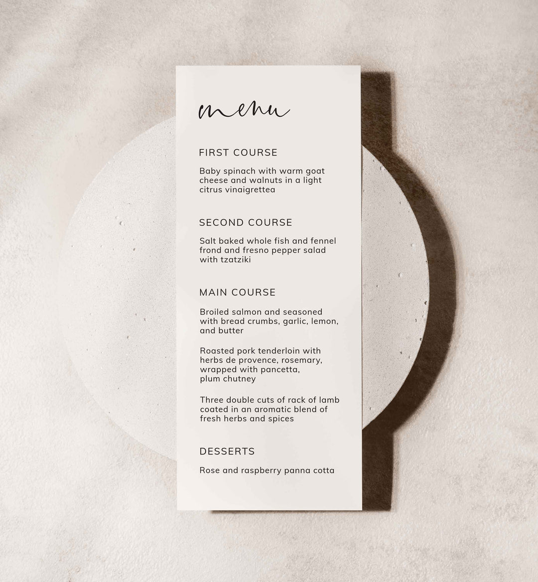 Modern Minimal Wedding Menu Card Printable