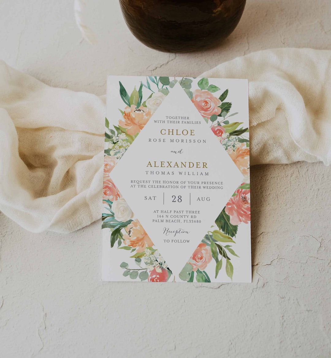 Peach and Cream Wedding Invitation Printable