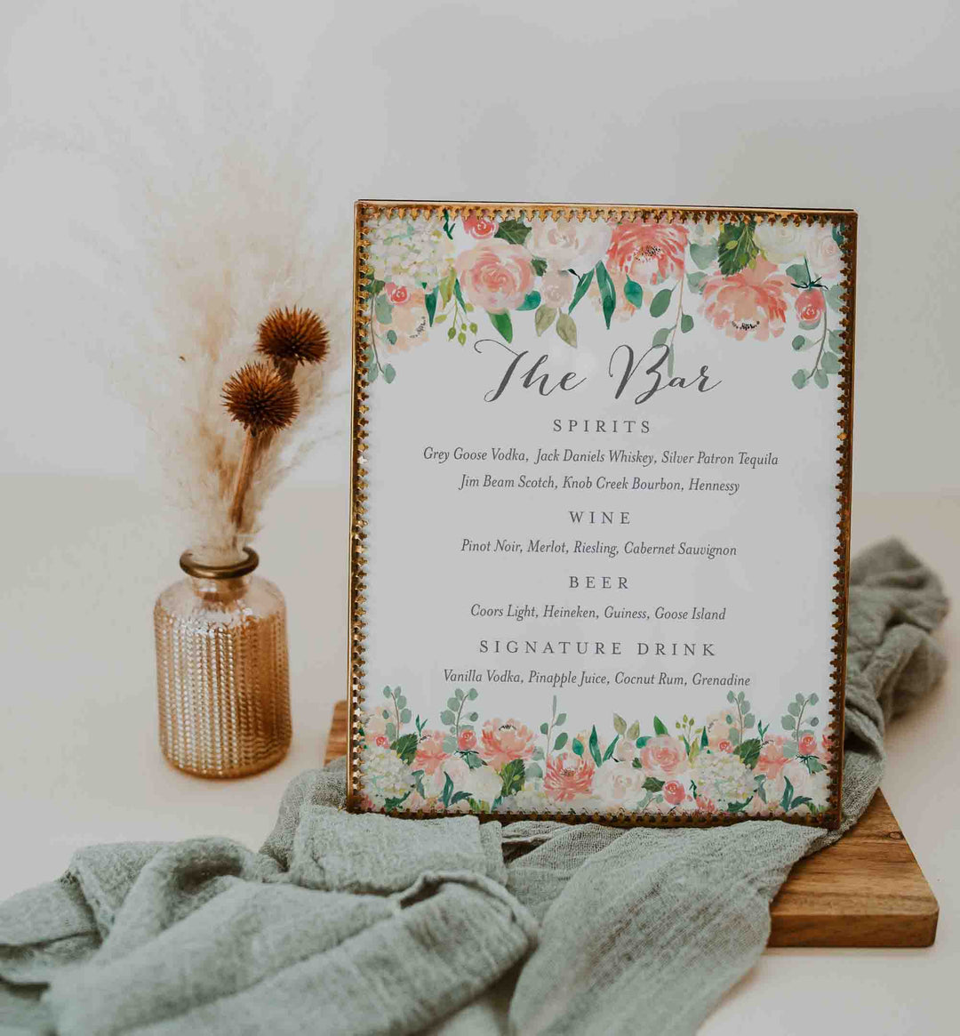 Peach and Cream Wedding Bar Menu Sign Printable