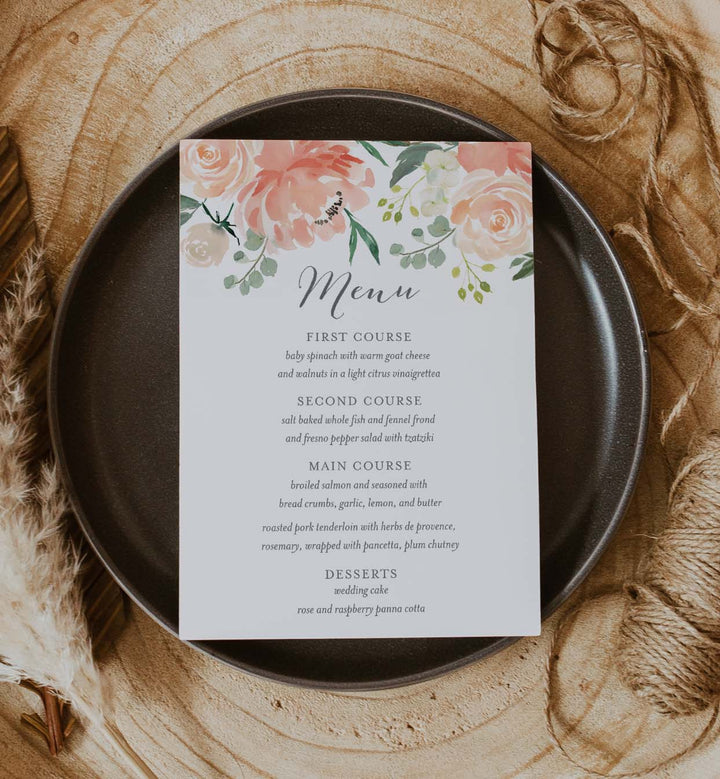 Peach and Cream Wedding Menu Card Printable