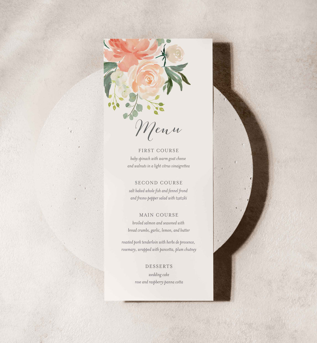 Peach and Cream Wedding Menu Card Printable