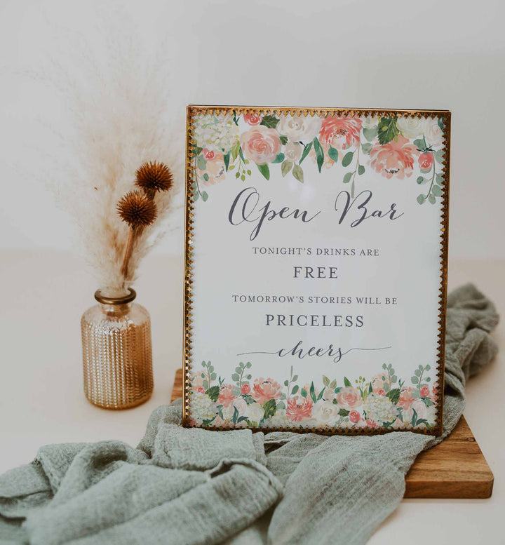 Peach and Cream Wedding Open Bar Sign Printable
