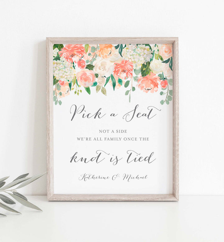 Peach and Cream Wedding Pick A Seat Not A Side Sign Printable
