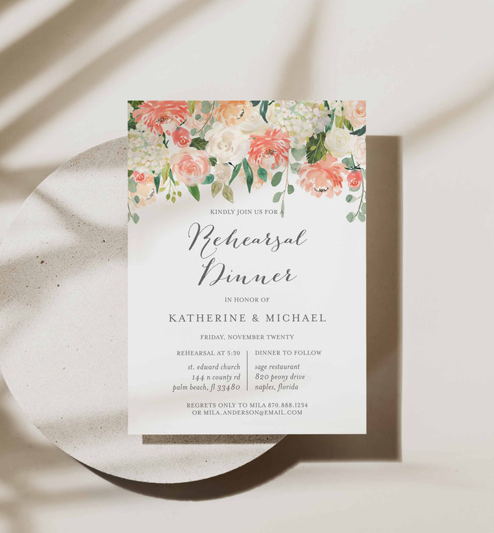 Peach and Cream Wedding Rehearsal Dinner Invitation Printable