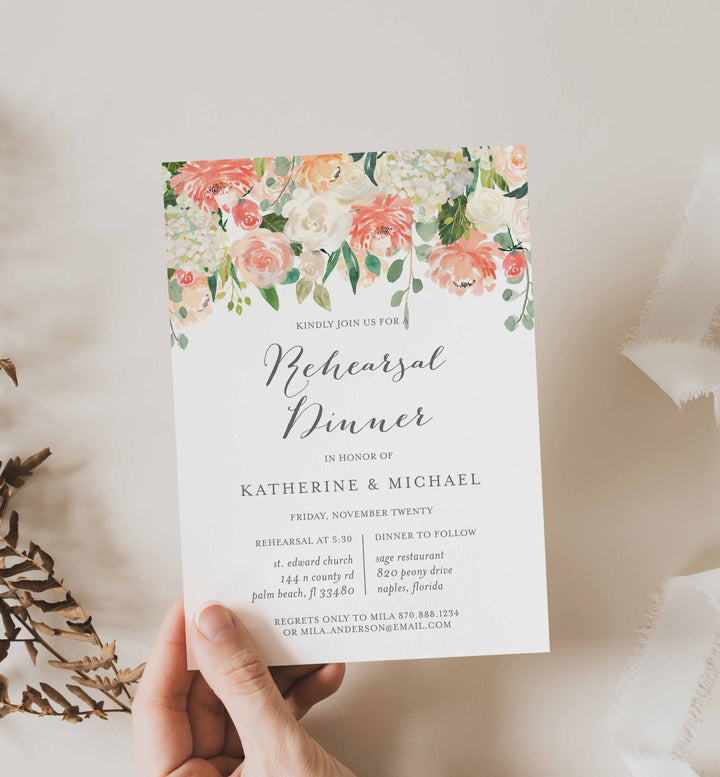 Peach and Cream Wedding Rehearsal Dinner Invitation Printable