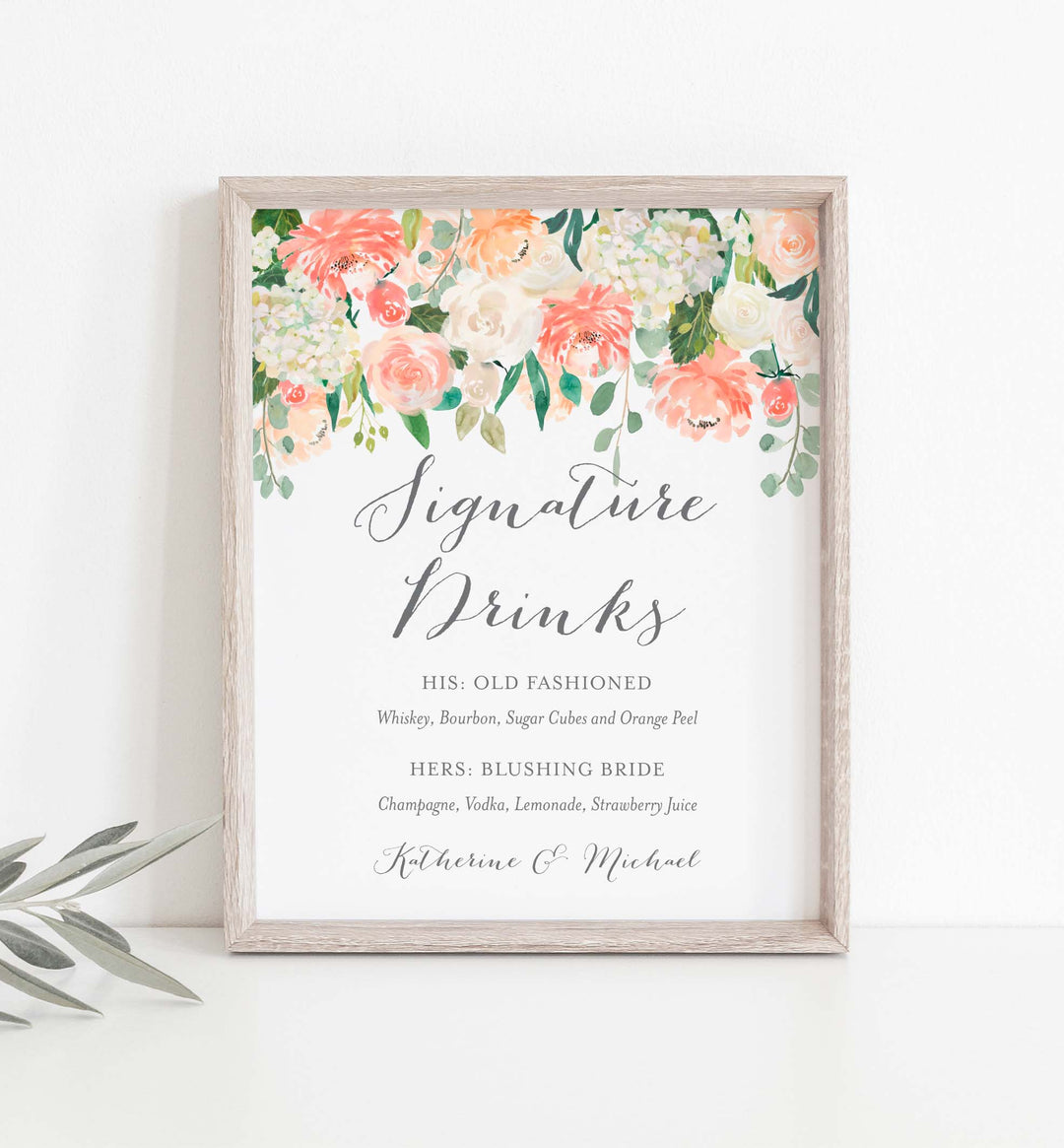 Peach and Cream Wedding Signature Drinks Sign Printable