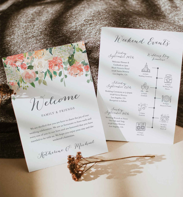 Peach and Cream Wedding Welcome Bag Letter and Timeline or Itineraries Printable