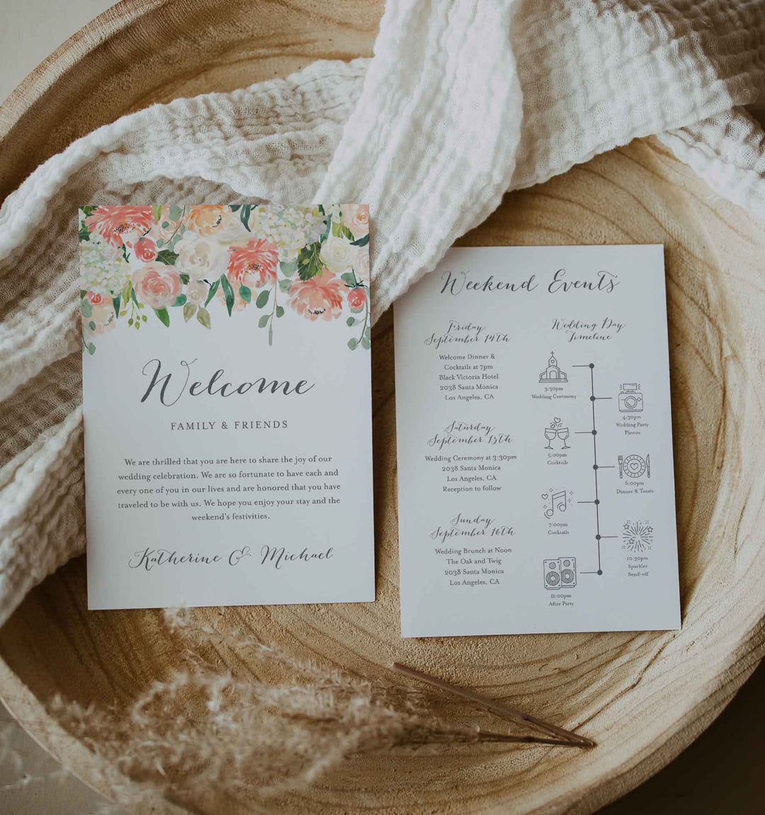 Peach and Cream Wedding Welcome Bag Letter and Timeline or Itineraries Printable