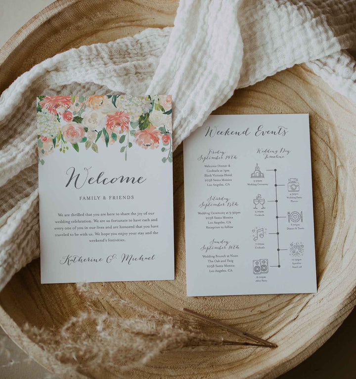 Peach and Cream Wedding Welcome Bag Letter and Timeline or Itineraries Printable