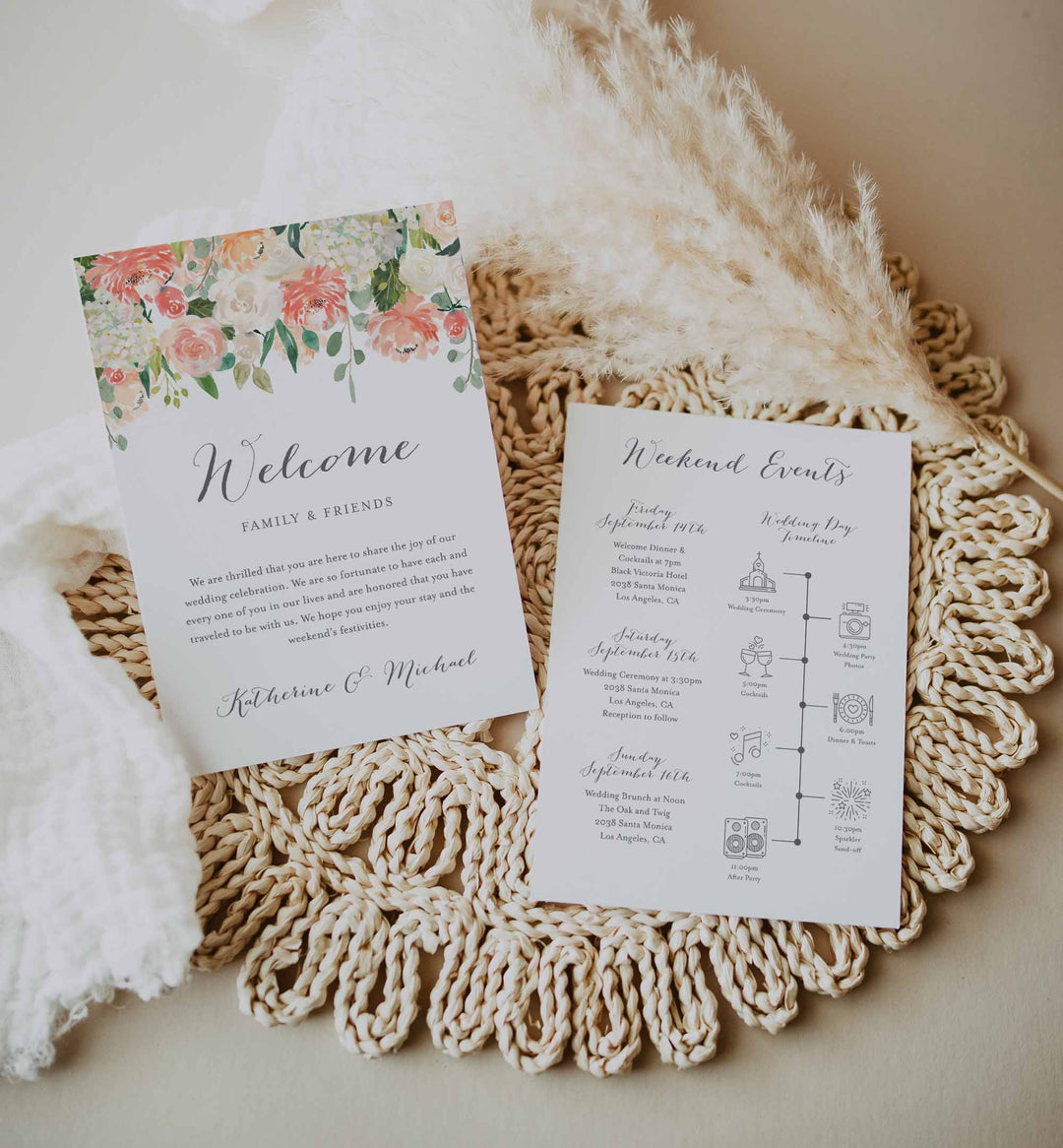 Peach and Cream Wedding Welcome Bag Letter and Timeline or Itineraries Printable
