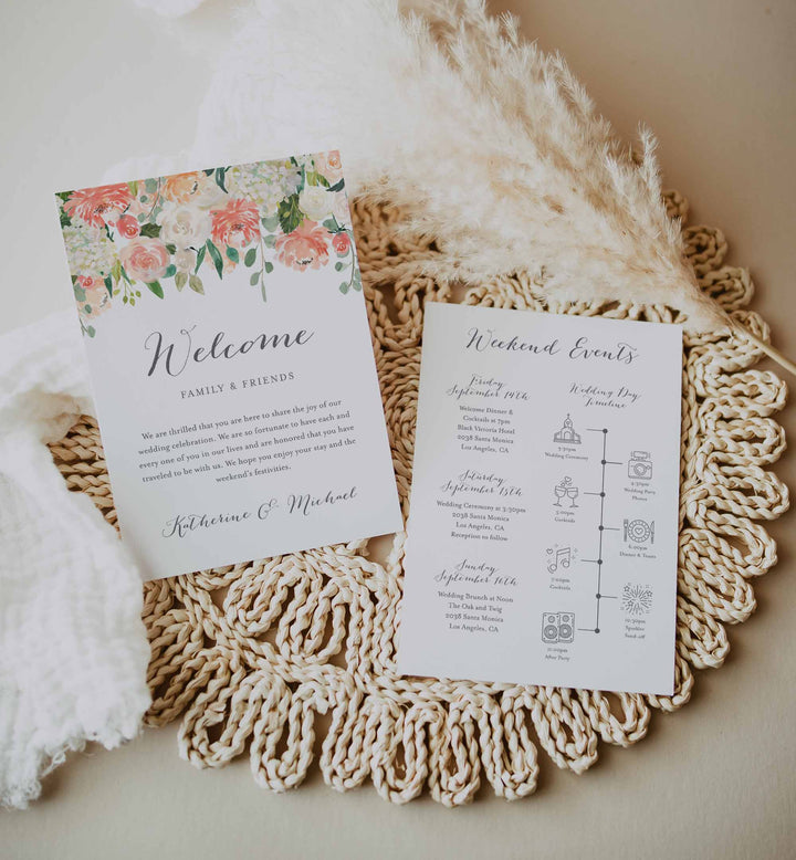 Peach and Cream Wedding Welcome Bag Letter and Timeline or Itineraries Printable