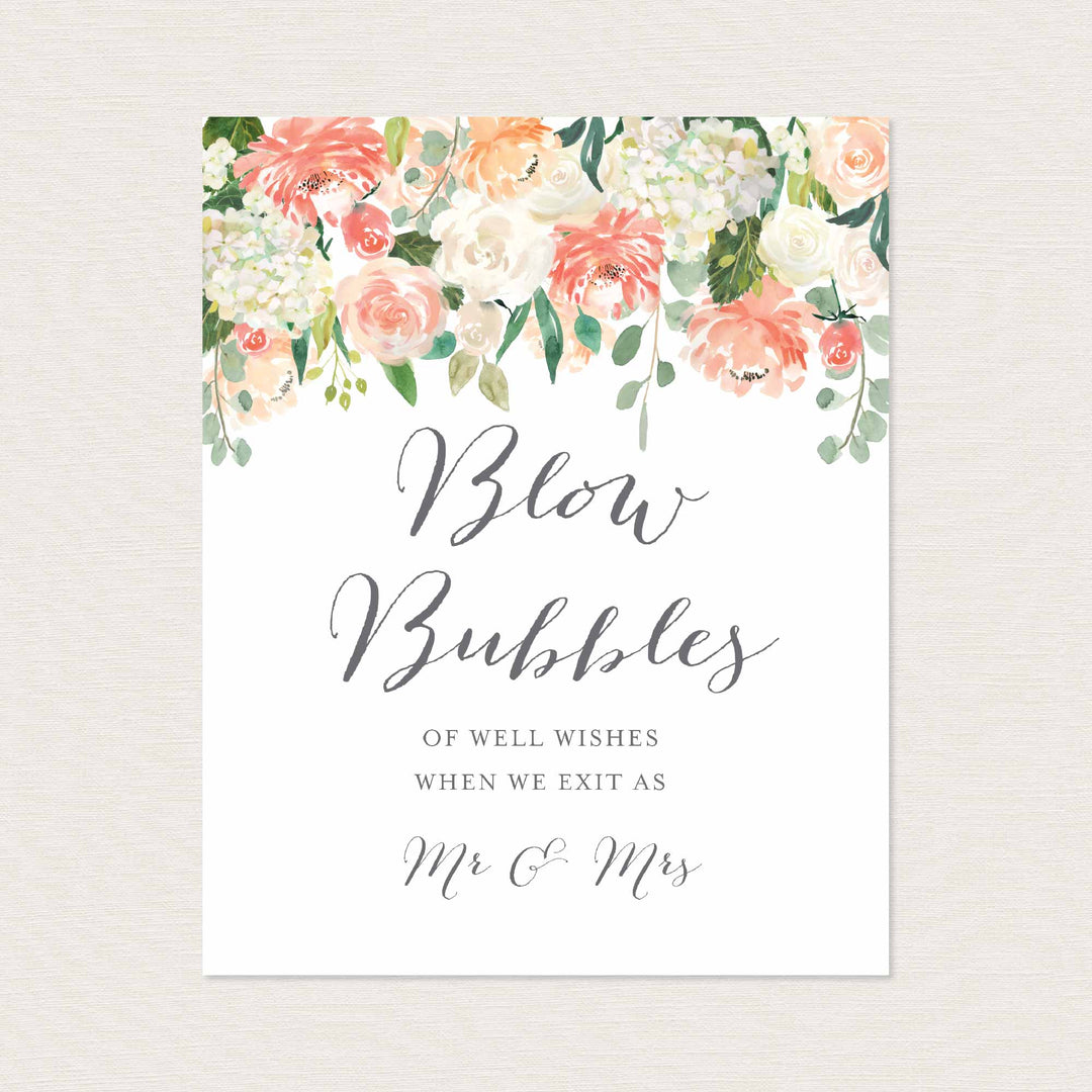 Peach and Cream Wedding Blow Bubbles Sign Printable