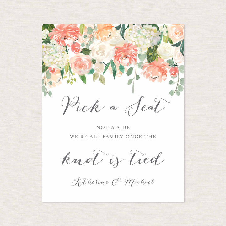 Peach and Cream Wedding Pick A Seat Not A Side Sign Printable